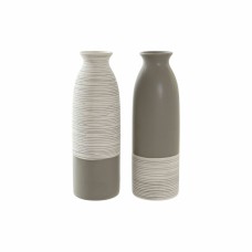 Vase DKD Home Decor Stripes White Ceramic Brown Cream (9,5 x 9,5 x 28,5 cm) (2 Units)  