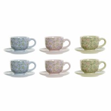 Juego de Tazas de Café DKD Home Decor Azul Rosa Metal Verde Flores Dolomita (6 pcs) (180 ml) (14 x 14 x 7 cm)
