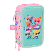 Triple Pencil Case SuperKitties Pink Turquoise 12,5 x 19,5 x 5,5 cm 37 Pieces