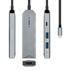 USB Hub Aisens USB-C dock 4 en 1, USB-C a 1xHDMI, 2xUSB, 1xPD, Gris, 15 cm