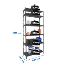 Estantería Metálica SimonRack: 2500x1200x500 mm, 6 Baldas de metal, 200 kg por balda, sin tornillos