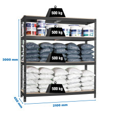 Estantería Metálica SimonRack: 2000x2100x450 mm, 4 Baldas de madera, 500 kg por balda, sin tornillos