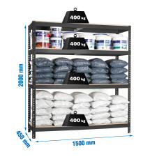 Estantería Metálica SimonRack: 2000x1500x450 mm, 4 Baldas de madera, 400 kg por balda, sin tornillos