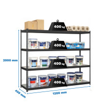 SimonRack Metal Shelving Unit: 2000x1200x450 mm, 4 Metal Shelves, 400 kg per shelf, without screws