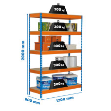 Estantería Metálica SimonRack: 2000x1200x600 mm, 5 Baldas de madera, 300 kg por balda, sin tornillos