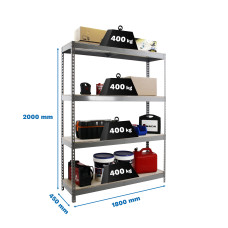 Estantería Metálica SimonRack: 2000x1800x450 mm, 4 Baldas de madera, 400 kg por balda, sin tornillos