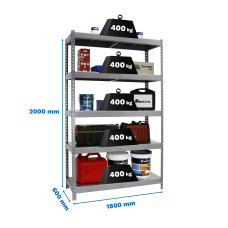 Estantería Metálica SimonRack: 2000x1800x600 mm, 5 Baldas de metal, 400 kg por balda, sin tornillos