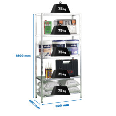 SimonRack Metal Shelving Unit: 1800x800x400 mm, 5 Metal Shelves, 75 kg per shelf, with screws