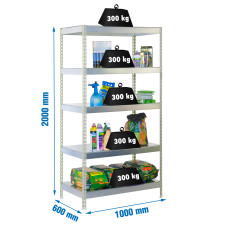 Estantería Metálica SimonRack: 2000x1000x600 mm, 5 Baldas de metal, 300 kg por balda, sin tornillos
