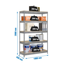 Estantería Metálica SimonRack: 2000x1000x450 mm, 5 Baldas de madera, 300 kg por balda, sin tornillos