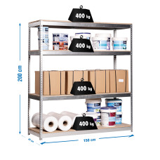 Estantería Metálica SimonRack: 2000x1500x450 mm, 4 Baldas de madera, 400 kg por balda, sin tornillos