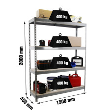 Estantería Metálica SimonRack: 2000x1500x450 mm, 4 Baldas de madera, 400 kg por balda, sin tornillos