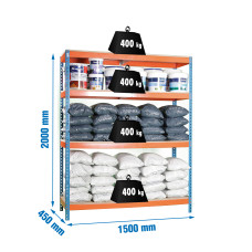 Estantería Metálica SimonRack: 2000x1500x450 mm, 4 Baldas de madera, 400 kg por balda, sin tornillos