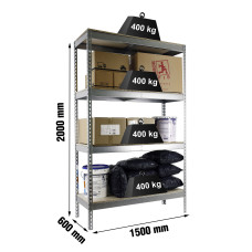 Estantería Metálica SimonRack: 2000x1500x600 mm, 4 Baldas de madera, 400 kg por balda, sin tornillos