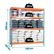 Estantería Metálica SimonRack: 2000x1800x450 mm, 4 Baldas de madera, 400 kg por balda, sin tornillos
