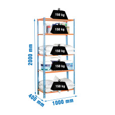 SimonRack Metal Shelving Unit: 2000x1000x400 mm, 5 Wooden Shelves, 150 kg per shelf, without screws