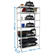 Estantería Metálica SimonRack: 2500x1200x500 mm, 6 Baldas de metal, 200 kg por balda, sin tornillos
