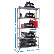 Estantería Metálica SimonRack: 2000x1200x500 mm, 5 Baldas de metal, 200 kg por balda, sin tornillos