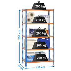 Estantería Metálica SimonRack: 2000x1200x500 mm, 5 Baldas de metal, 200 kg por balda, sin tornillos