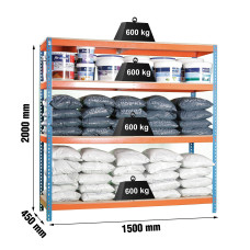 Estantería Metálica SimonRack: 2000x1500x450 mm, 4 Baldas de madera, 600 kg por balda, sin tornillos