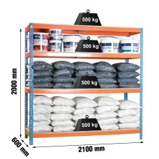 Estantería Metálica SimonRack: 2000x2100x600 mm, 4 Baldas de madera, 500 kg por balda, sin tornillos