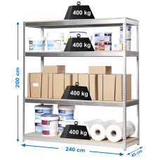 Estantería Metálica SimonRack: 2000x2400x450 mm, 4 Baldas de madera, 400 kg por balda, sin tornillos
