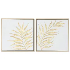Painting Home ESPRIT White Golden Canvas MDF Wood Modern Leaf of a plant 42 x 4 x 42 cm (2 Units)