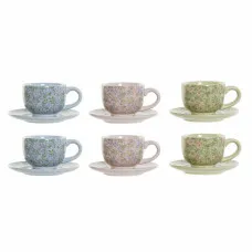 Piece Coffee Cup Set DKD Home Decor Blue Pink Metal Green Flowers Dolomite (6 pcs) (180 ml) (14 x 14 x 7 cm)