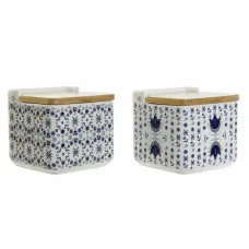 Salero con Tapa DKD Home Decor Azulejo Azul Blanco Bambú Dolomita (12.5 x 12.5 x 12 cm) (2 pcs)