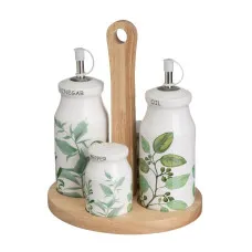 Set de Aceitera y Vinagrera GREENS Blanco Verde Madera Gres 210 ml 21 x 8,5 x 18 cm 4 Piezas