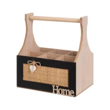 Basket HEARTS White Black Natural Wood Cane MDF Wood 25 x 17 x 28 cm