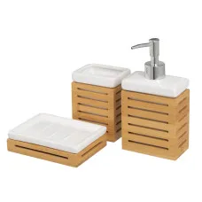 Bath Set White Natural Ceramic Bamboo 25,5 x 7,5 x 23,5 cm 3 Pieces