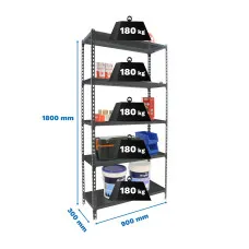 Estantería Metálica SimonRack: 1800x900x300 mm, 5 Baldas de metal, 180 kg por balda, sin tornillos
