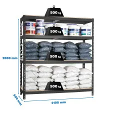 Estantería Metálica SimonRack: 2000x2100x600 mm, 4 Baldas de madera, 500 kg por balda, sin tornillos
