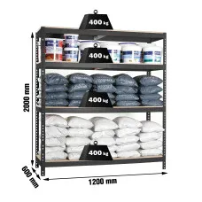 Estantería Metálica SimonRack: 2000x1200x600 mm, 4 Baldas de madera, 400 kg por balda, sin tornillos
