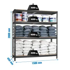 Estantería Metálica SimonRack: 2000x1500x450 mm, 4 Baldas de madera, 400 kg por balda, sin tornillos