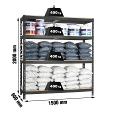 Estantería Metálica SimonRack: 2000x1500x600 mm, 4 Baldas de madera, 400 kg por balda, sin tornillos