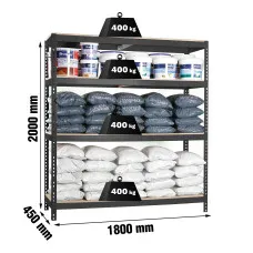 Estantería Metálica SimonRack: 2000x1800x450 mm, 4 Baldas de madera, 400 kg por balda, sin tornillos