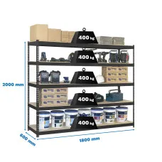 Estantería Metálica SimonRack: 2000x1800x600 mm, 5 Baldas de madera, 400 kg por balda, sin tornillos