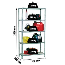 Estantería Metálica SimonRack: 2000x1100x500 mm, 5 Baldas de madera, 200 kg por balda, sin tornillos