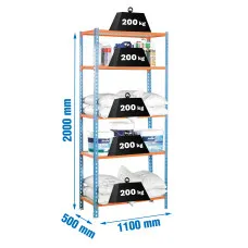 Estantería Metálica SimonRack: 2000x1100x500 mm, 5 Baldas de madera, 200 kg por balda, sin tornillos