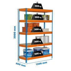 Estantería Metálica SimonRack: 2000x1200x600 mm, 5 Baldas de madera, 300 kg por balda, sin tornillos