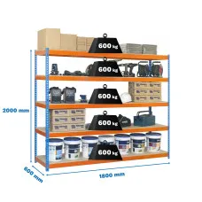 Estantería Metálica SimonRack: 2000x1800x600 mm, 5 Baldas de madera, 600 kg por balda, sin tornillos