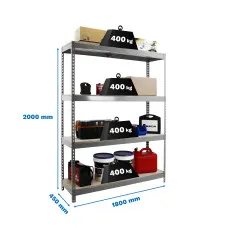 Estantería Metálica SimonRack: 2000x1800x450 mm, 4 Baldas de madera, 400 kg por balda, sin tornillos