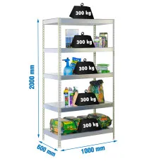 Estantería Metálica SimonRack: 2000x1000x600 mm, 5 Baldas de metal, 300 kg por balda, sin tornillos