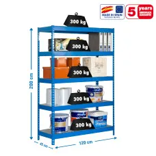 Estantería Metálica SimonRack: 2000x1200x450 mm, 5 Baldas de metal, 300 kg por balda, sin tornillos
