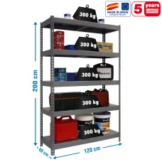 Estantería Metálica SimonRack: 2000x1200x600 mm, 5 Baldas de metal, 300 kg por balda, sin tornillos
