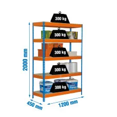 Estantería Metálica SimonRack: 2000x1200x450 mm, 5 Baldas de madera, 300 kg por balda, sin tornillos