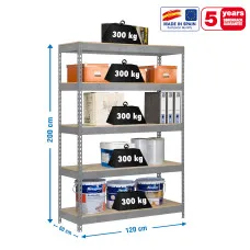 Estantería Metálica SimonRack: 2000x1200x600 mm, 5 Baldas de madera, 300 kg por balda, sin tornillos
