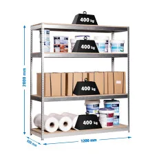 Estantería Metálica SimonRack: 2000x1200x600 mm, 4 Baldas de madera, 400 kg por balda, sin tornillos